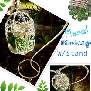 White Floral Decorative Birdcage Ornament with Stand